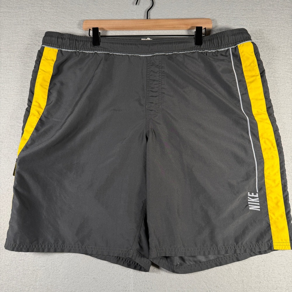 Nike Mens Athletic Shorts Charcoal Grey Yellow Stripe Reflective Mesh Lined XL